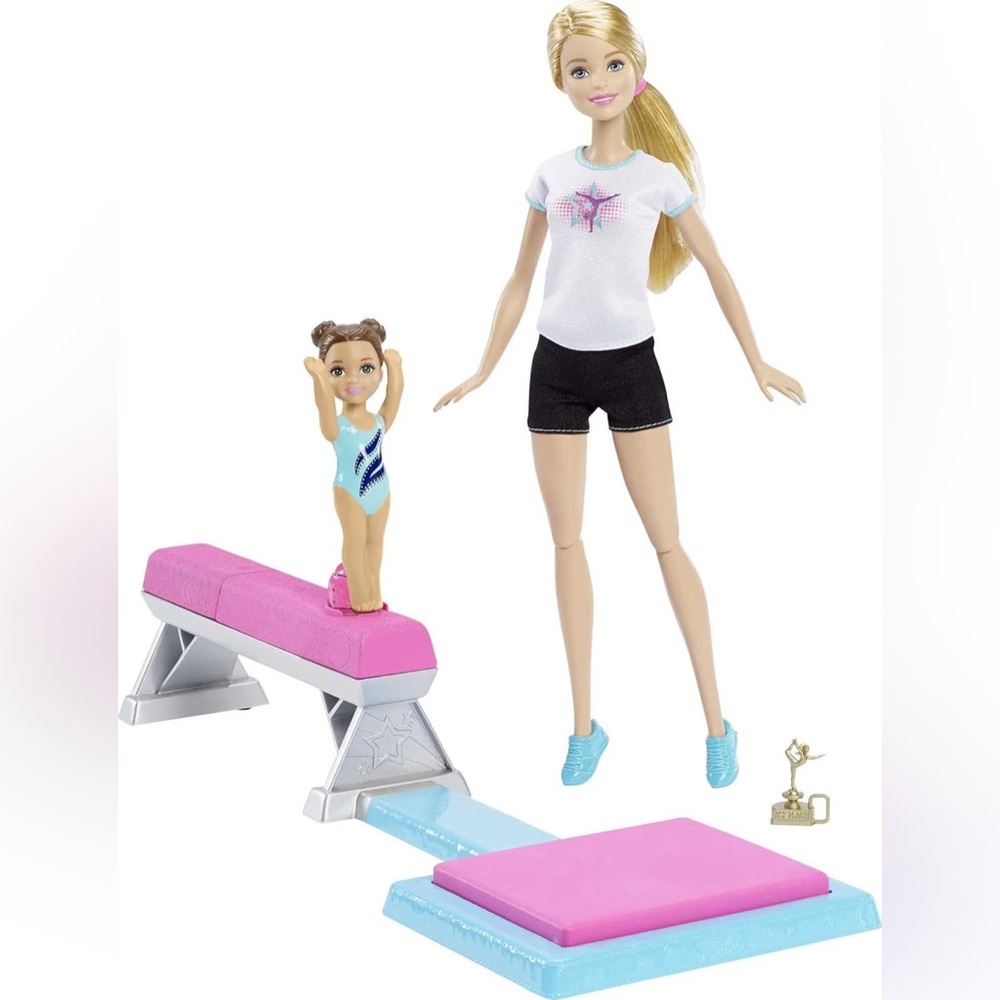 Barbie gymnastics doll and accessories, flippin’ fun play set with balance beam